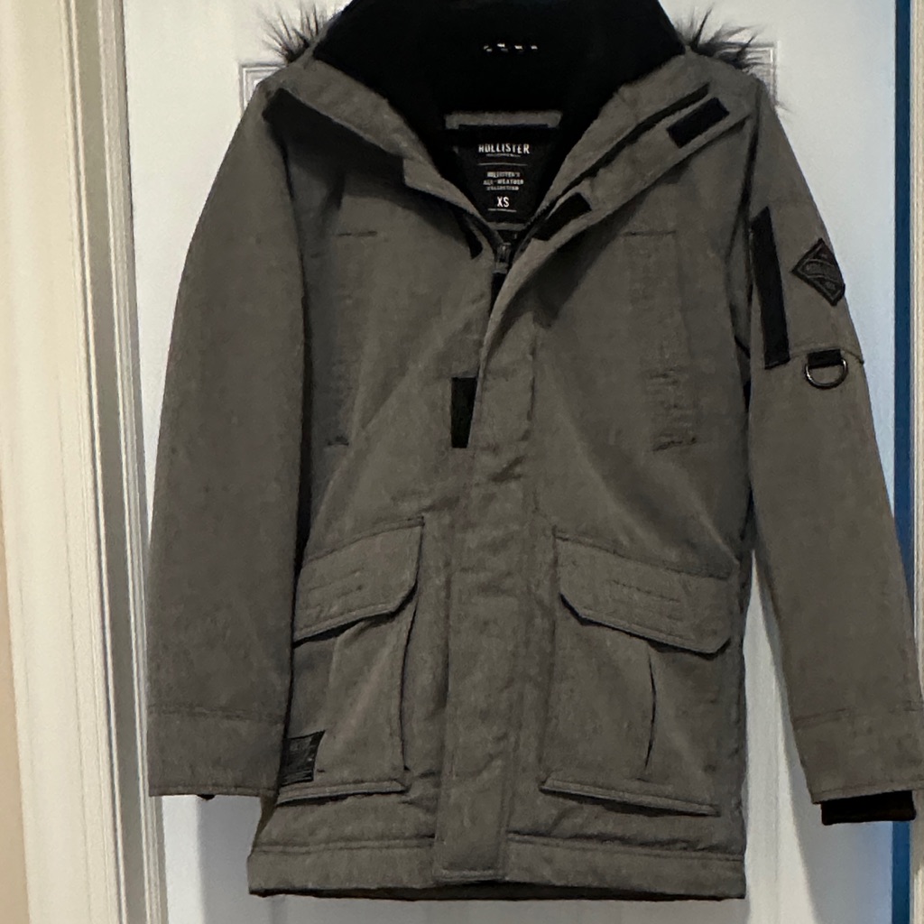 Hollister Men's Gray Puffer Jacket With Fur Hood